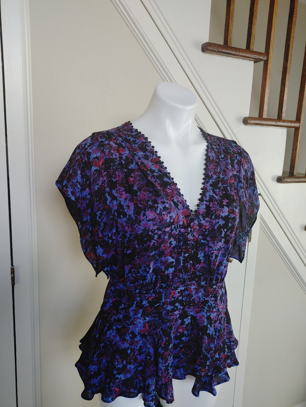 Rebecca Taylor Floral V-Neck Ruffle Peplum Silk Top - Black Purple Size 6